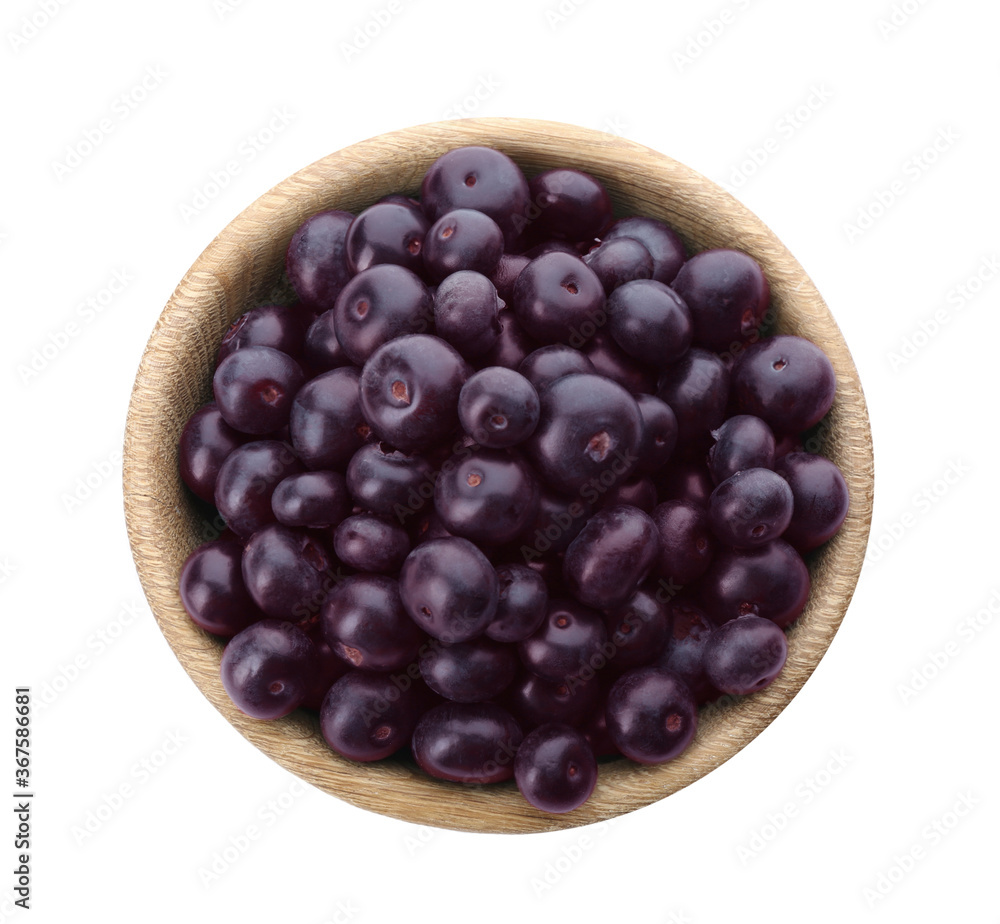 Fresh acai berries in bowl isolated on white, top view Fresh acai berries in bowl isolated on white, top view