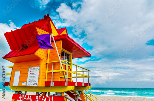 Orange and red lifeguard hut in world famous Miami Beach
