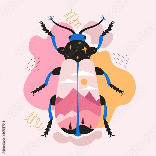 Abstract print design with beetle and mountains. Trendy vector illustration with insect and nature landscape with trees, clouds and sun