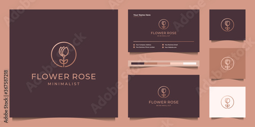 Minimalist elegant flower rose line art style. luxury beauty salon, fashion, skincare, cosmetic, yoga and spa products. logo design and business card Premium Vector