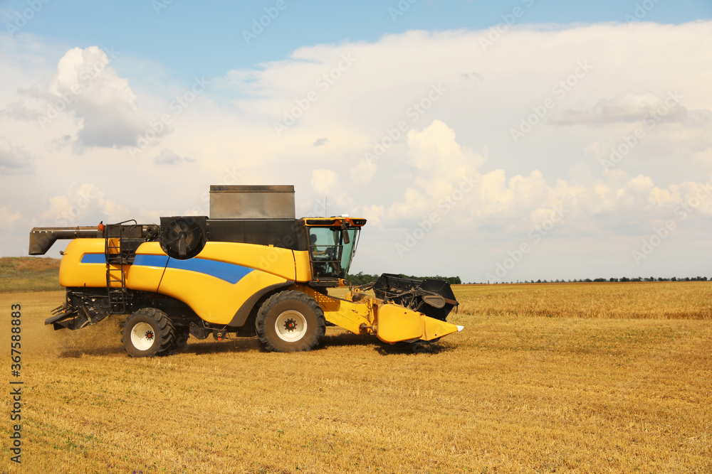 Obraz premium Modern combine harvester in field on sunny day. Agricultural machinery
