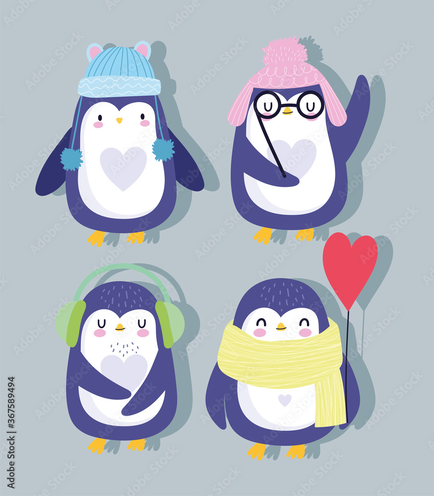 Fototapeta premium penguins cartoon with hats scarf and heart balloon antarctic bird animal wildlife