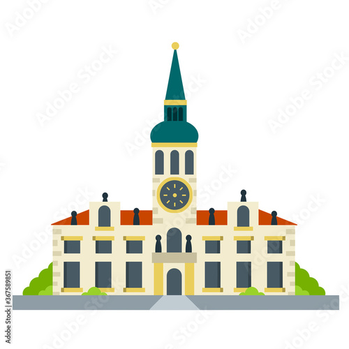 Loreta. Prague tourist attraction. Beautiful house and building. Baroque style. Flat cartoon. Czech architecture. Travel to Europe. Christian Church and Palace. Old town