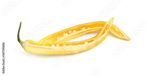 Halves of ripe yellow hot chili pepper isolated on white