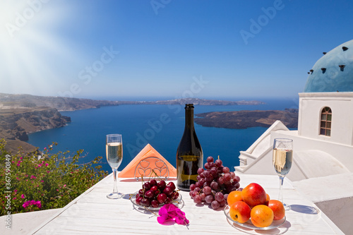 Wine and fruit for two on the table