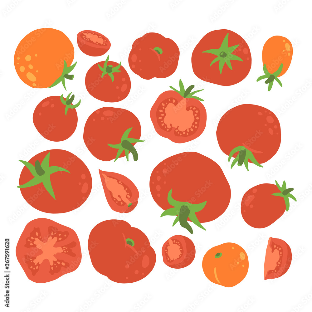 Hand drawn set of vegetables. Colorful cartoon tomatoes. Hand drawn set of vegetables. Colorful cartoon tomatoes.
