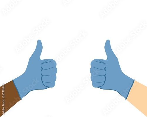 Thumbs up in medical gloves. Multi-ethnic surgeon doctor hands in protective gloves with their thumb up. Like, approve and good job gesture coronavirus protection. Flat vector illustration.