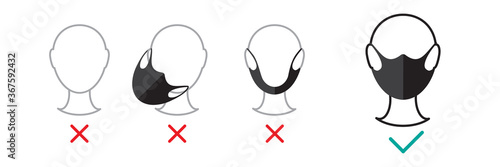 Icon set of How to Use face mask properly. Coronavirus Covid-19 advice. Flat Vector illustration