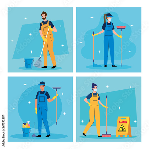 set scenes of cleaning service, workers of cleaning service with equipments vector illustration design