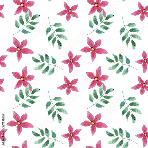 Seamless watercolor floral pattern, pink flower and leaves