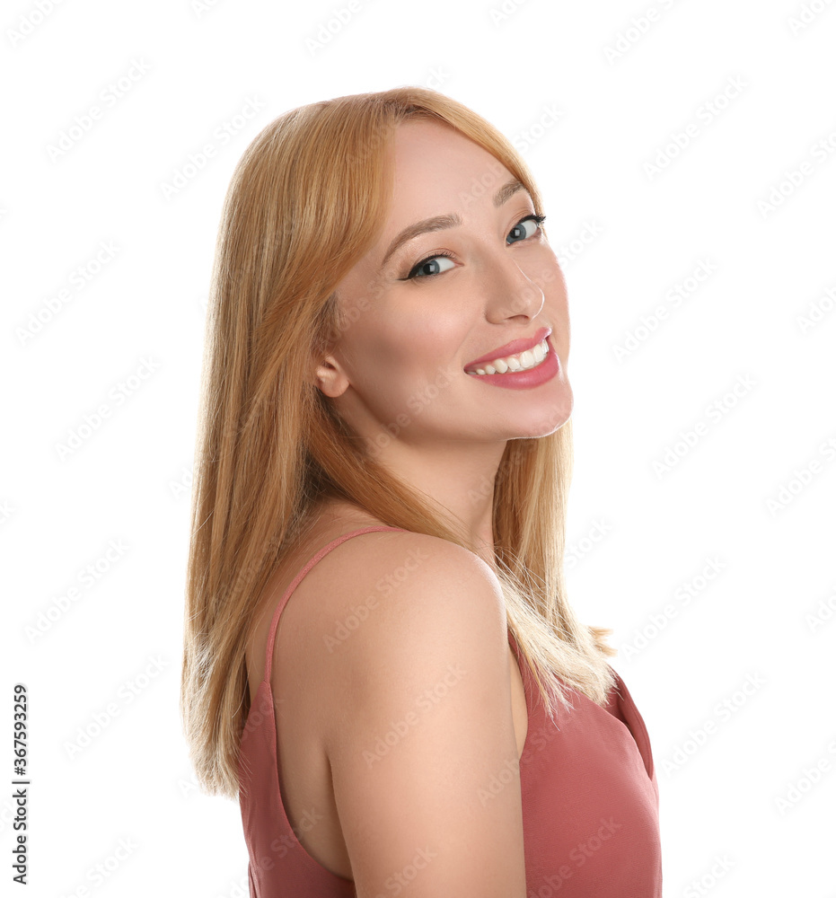 Portrait of beautiful young woman with blonde hair on white background Portrait of beautiful young woman with blonde hair on white background