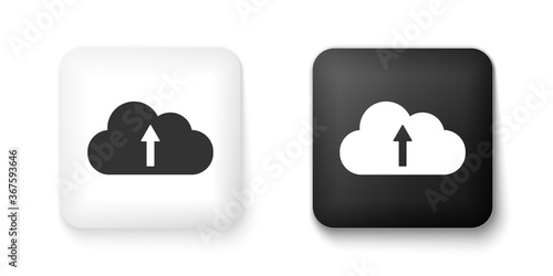 Black and white Cloud upload icon isolated on white background. Square button. Vector.