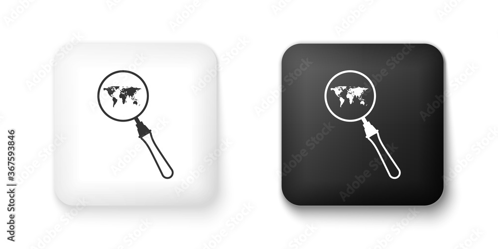 Black and white Magnifying glass with world map icon isolated on white background. Analyzing the world. Global search sign. Square button. Vector. Black and white Magnifying glass with world map icon isolated on white background. Analyzing the world. Global search sign. Square button. Vector.