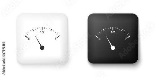 Black and white Motor gas gauge icon isolated on white background. Empty fuel meter. Full tank indication. Square button. Vector.