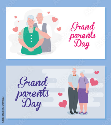 set cards of happy grand parents day with cute old people vector illustration design