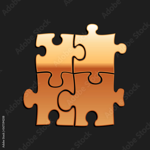 Gold Piece of puzzle icon isolated on black background. Business, marketing, finance, template, layout, infographics, internet concept. Long shadow style. Vector.