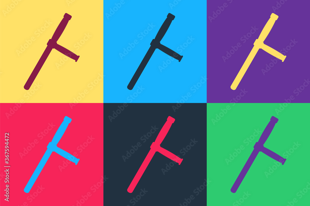 Pop art Police rubber baton icon isolated on color background. Rubber truncheon. Police Bat. Police equipment. Vector. Pop art Police rubber baton icon isolated on color background. Rubber truncheon. Police Bat. Police equipment. Vector.
