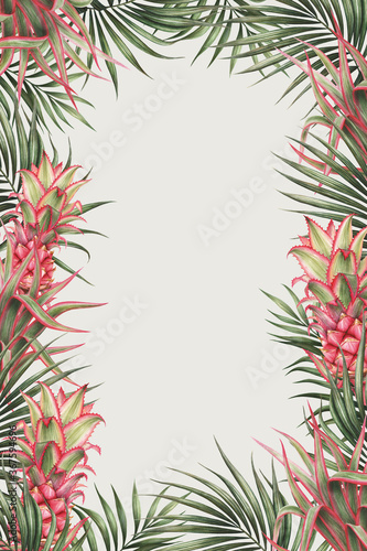 Palm leaves and pineapple border design. Tropical watercolor background and greeting card