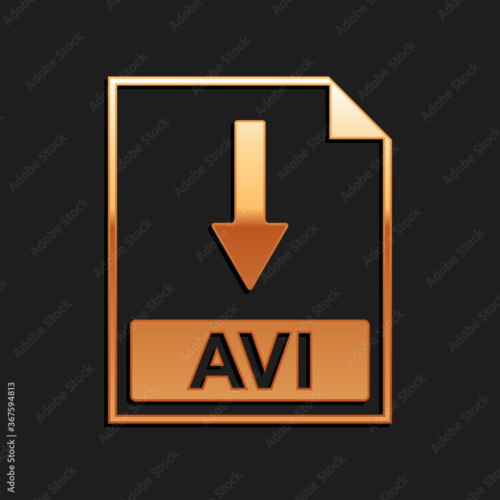 Gold AVI file document icon. Download AVI button icon isolated on black background. Long shadow style. Vector. Gold AVI file document icon. Download AVI button icon isolated on black background. Long shadow style. Vector.