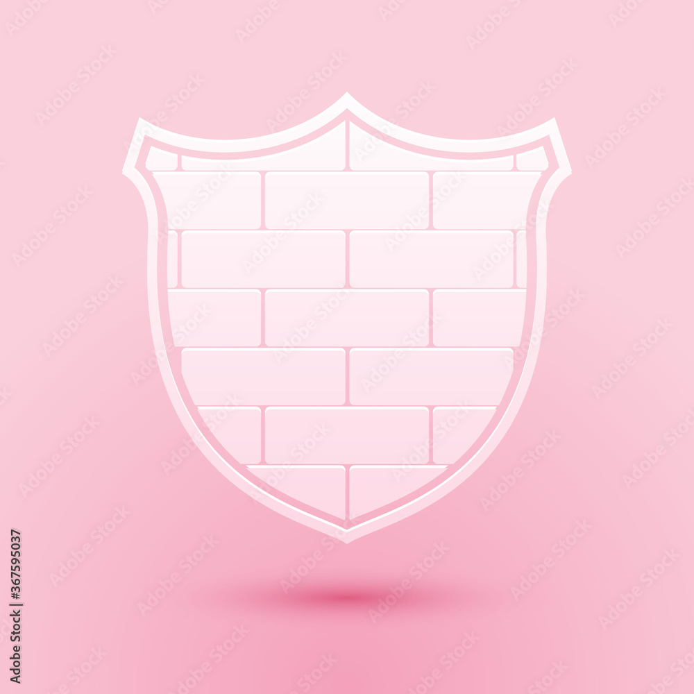 Paper cut Shield with cyber security brick wall icon isolated on pink background. Data protection symbol. Firewall logo. Network protection. Paper art style. Vector.