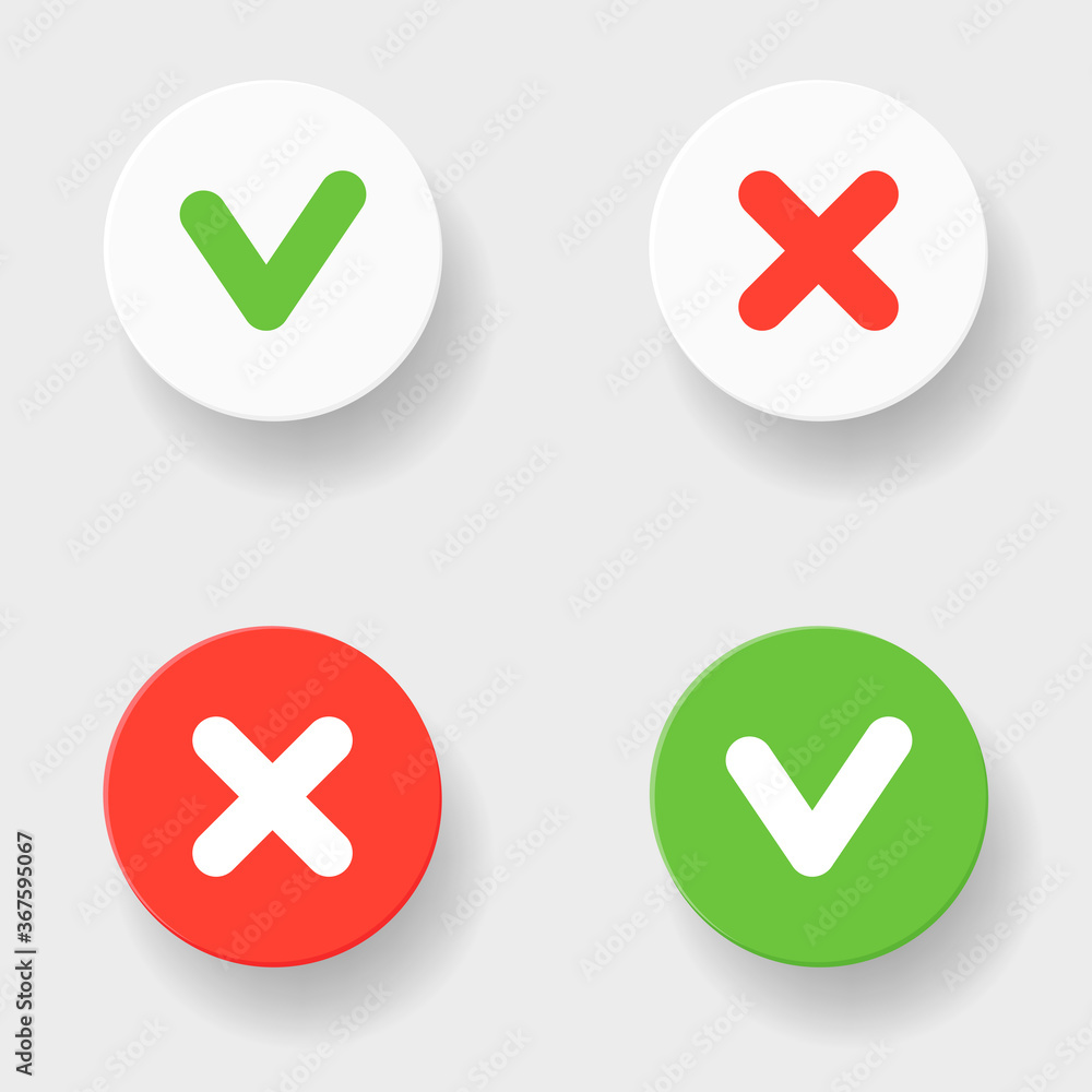 A set of four web buttons - green check mark and red cross in two variants. Vector flat illustration A set of four web buttons - green check mark and red cross in two variants. Vector flat illustration