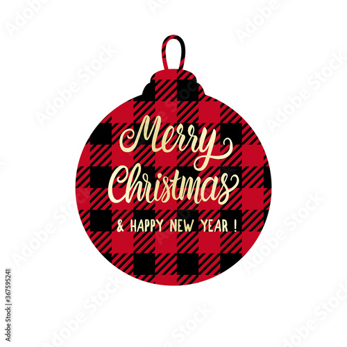 Checkered shape christmas ball with Merry Christmas lettering inscription. Red and black color. Vector Winter holiday design isolated on white background