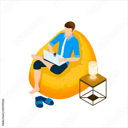 Isometric design. Vector illustration. Concept 3d, 2d graphics. A man sits in a bag chair. Comfortable rest, work, communication. © marinashevchenko