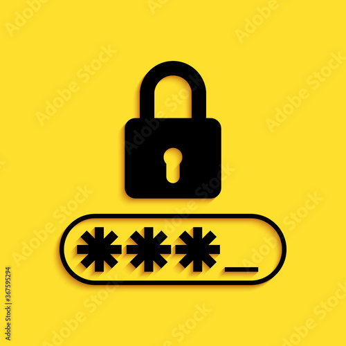 Black Password protection and safety access icon isolated on yellow background. Lock icon. Security, safety, protection, privacy concept. Long shadow style. Vector.