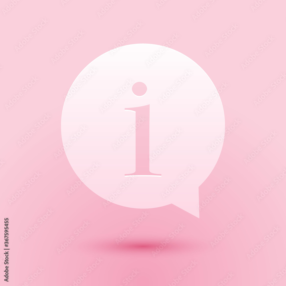 Paper cut Information icon isolated on pink background. Paper art style. Vector. Paper cut Information icon isolated on pink background. Paper art style. Vector.