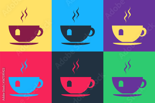 Pop art Cup with tea bag icon isolated on color background. Vector.