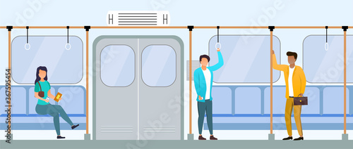 People in the carriage are standing far from each other. Social distancing concept. A colorful flat vector illustration.