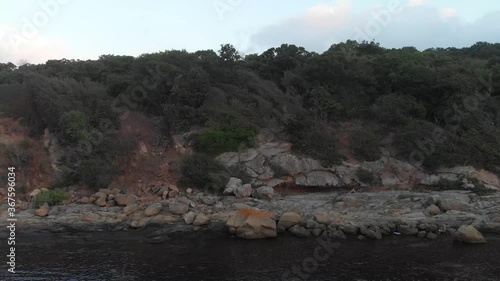 Rocky coastline of the sea at the foot of a steep high cliff, which ends with a dense forest.