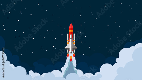 Space shuttle, rocket flying in space with stars on background