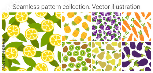 Lemon, pineapple, grapes, carrots, kiwi, pear and eggplant. Fruit and vegetable seamless pattern set. Fashion clothing design. Food print. Hand drawn vector sketch background