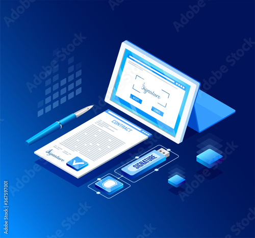 Isometric design. Vector illustration. Concept 3d, 2d graphics. Digital contract. Remote Business Transaction. Online signature of the contract. Signing of documents. Virtual signature. infographic.