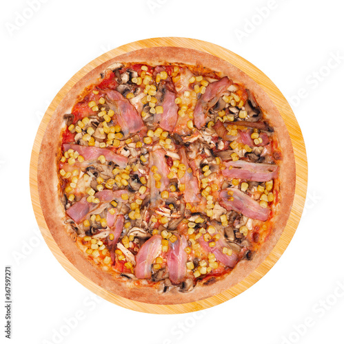 Pizza with chicken breast, corn, bacon and mushrooms, on a round wooden platter, isolated on white background, top view