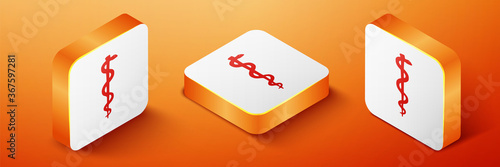 Isometric Rod of asclepius snake coiled up silhouette icon isolated on orange background. Emblem for drugstore or medicine, pharmacy snake symbol. Orange square button. Vector.