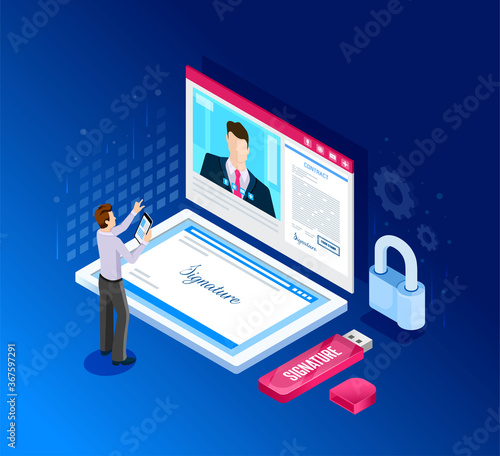 Isometric design. Vector illustration. Concept 3d, 2d graphics. Digital contract. Remote Business Transaction. Online signature of the contract. Signing of documents. Virtual signature. infographic.