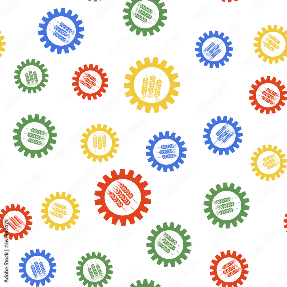Color Wheat and gear icon isolated seamless pattern on white background. Agriculture symbol with cereal grains and industrial gears. Industrial and agricultural. Vector. Color Wheat and gear icon isolated seamless pattern on white background. Agriculture symbol with cereal grains and industrial gears. Industrial and agricultural. Vector.