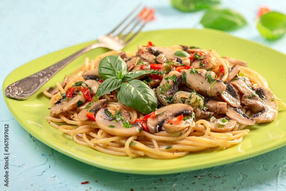 Italian pasta with mushrooms and hot sauce. Italian pasta with mushrooms and hot sauce.