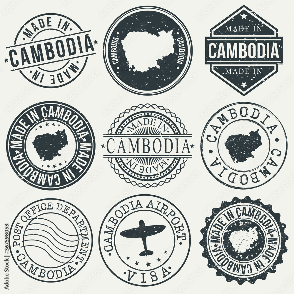 Cambodia Set of Stamps. Travel Stamp. Made In Product. Design Seals Old Style Insignia.