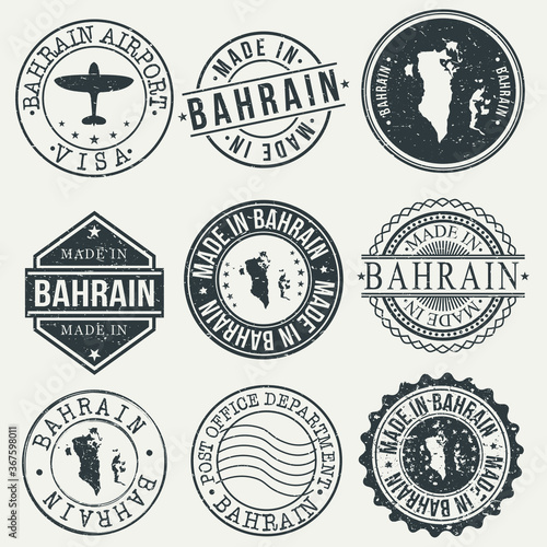 Bahrain Set of Stamps. Travel Stamp. Made In Product. Design Seals Old Style Insignia.