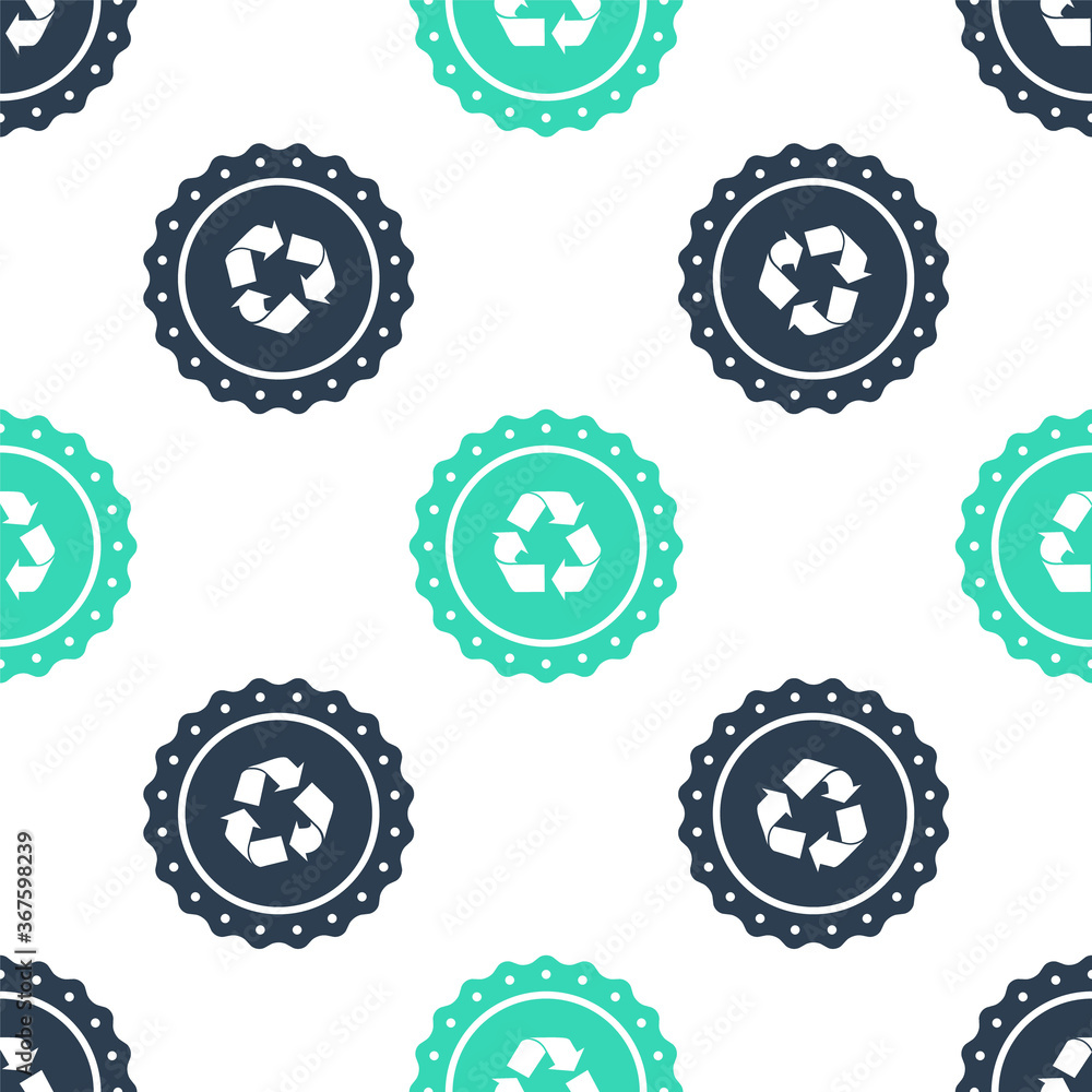 Green Recycle symbol label icon isolated seamless pattern on white background. Environment recycling symbol. Vector. Green Recycle symbol label icon isolated seamless pattern on white background. Environment recycling symbol. Vector.