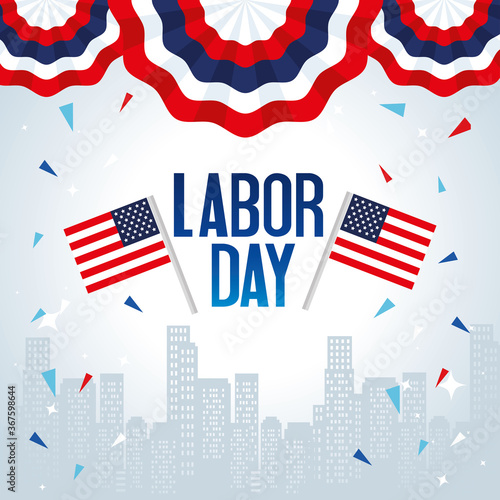 happy labor day holiday banner with flag usa and cityscape vector illustration design