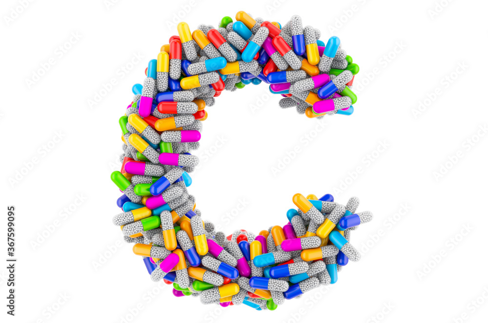 Letter C from colored capsules. 3D rendering Letter C from colored capsules. 3D rendering