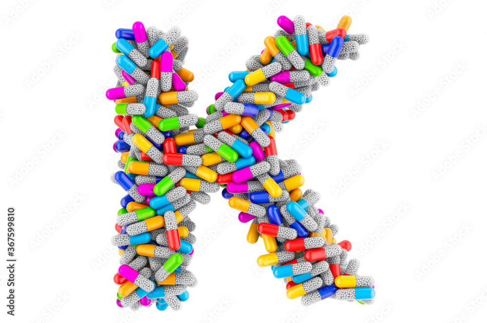 Letter K from colored capsules. 3D rendering