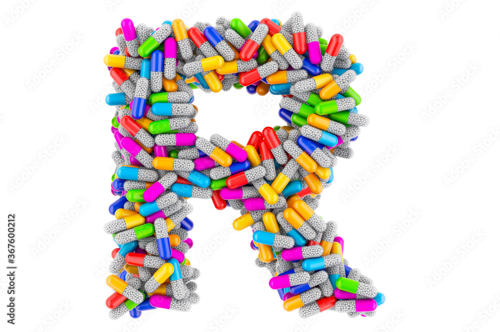 Letter R from colored capsules. 3D rendering Letter R from colored capsules. 3D rendering