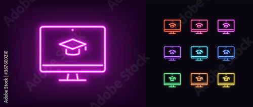 Neon online education icon. Glowing neon webinar sign, digital study