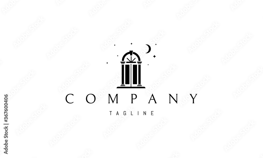 Vector logo on which an abstract image of a magic door on the background of the moon and stars. Vector logo on which an abstract image of a magic door on the background of the moon and stars.