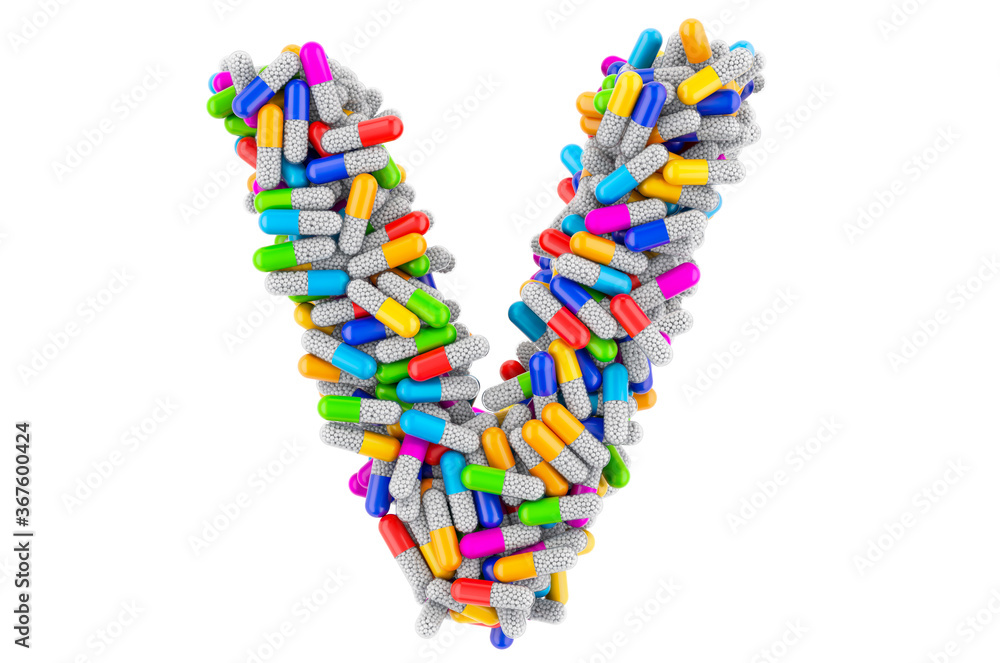 Letter V from colored capsules. 3D rendering Letter V from colored capsules. 3D rendering
